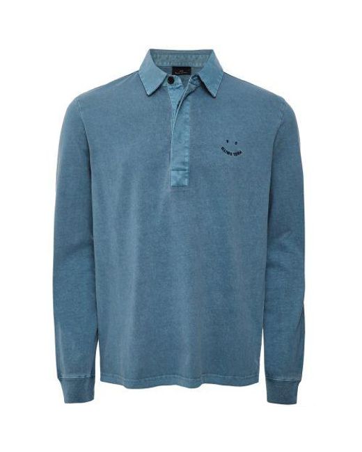 Paul Smith Blue Long Sleeve Happy Polo Shirt for men