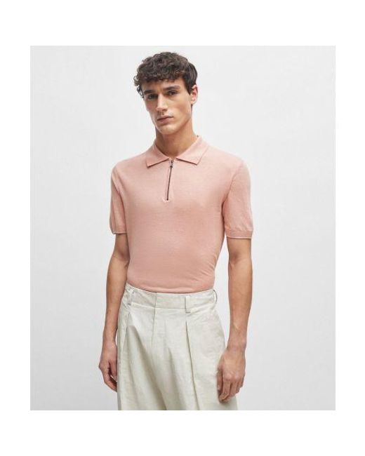 Boss Pink Linen Knit Trieste Polo Shirt for men