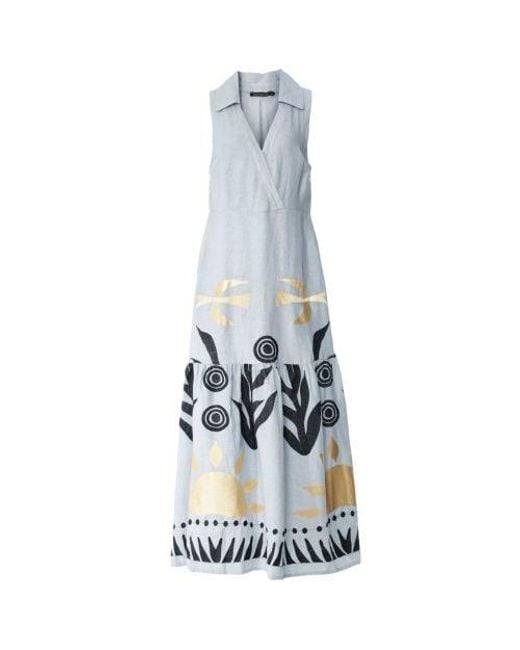 Greek Archaic Kori Gray Embroidered Collared Dress