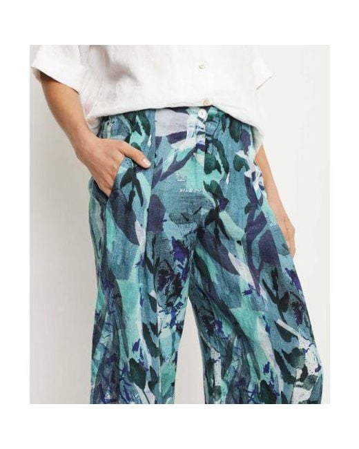 Oska Blue Botanical Print Linen Trousers