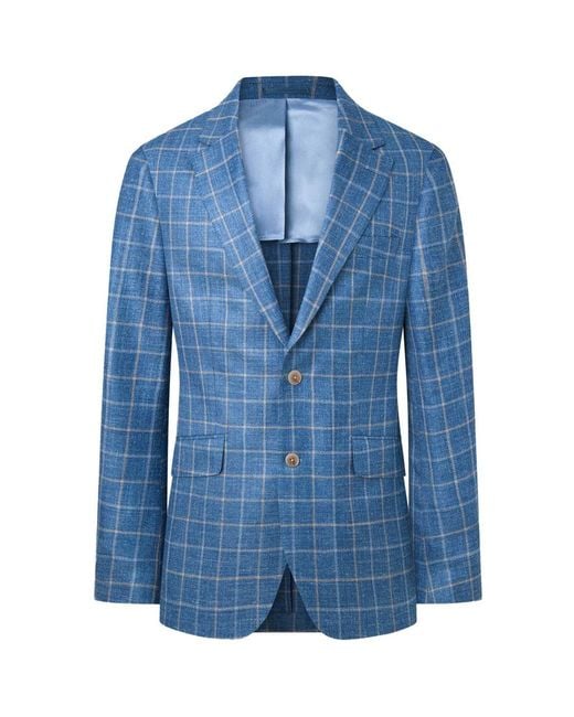 Hackett Blue Wool Silk Linen Tattersall Blazer for men