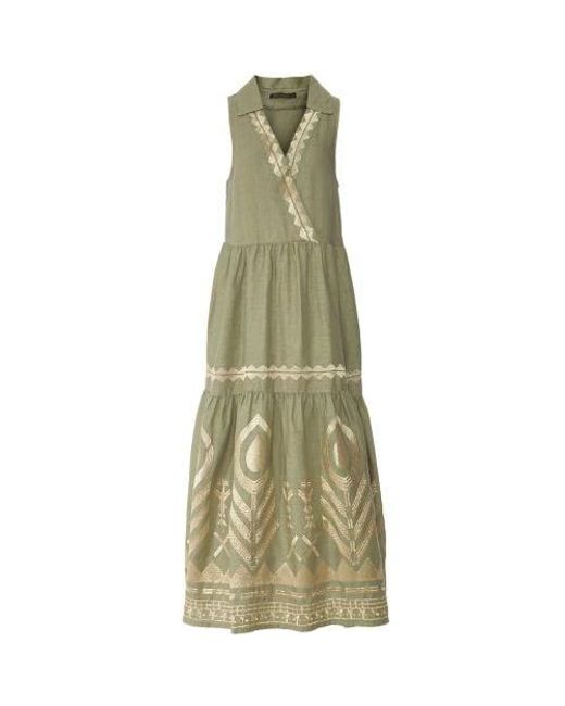 Greek Archaic Kori Green Feather Sleeveless Midi Dress