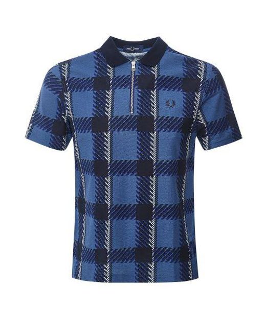 Fred Perry Blue Glitch Tartan Zip Polo Shirt for men