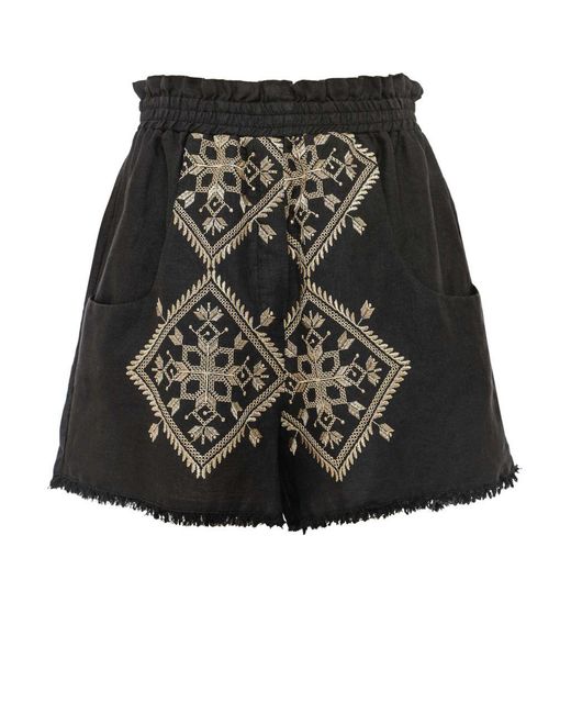 Greek Archaic Kori Black Linen Embroidered Lefkada Shorts