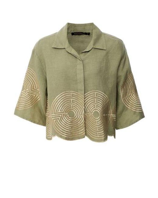 Greek Archaic Kori Green Circle Cropped Linen Shirt