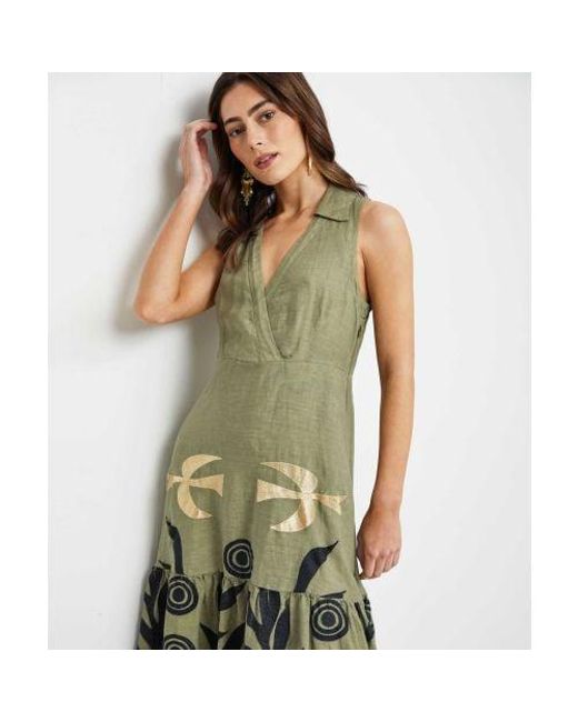 Greek Archaic Kori Green Embroidered Collared Dress