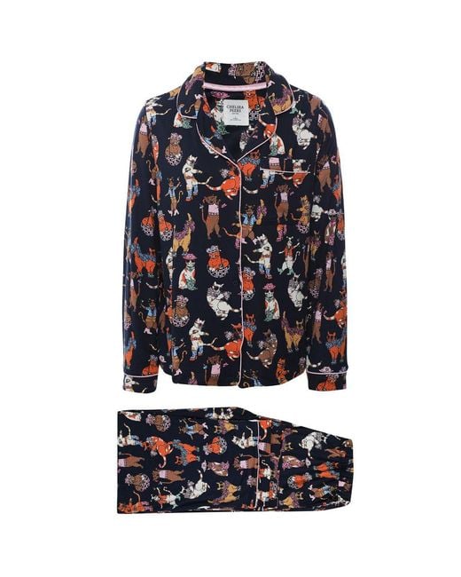 Chelsea Peers Black Disco Cats Print Long Pyjama Set