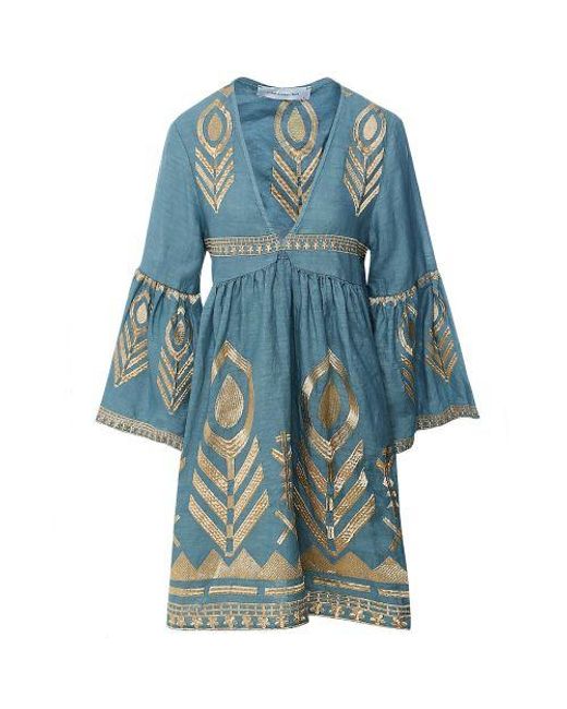 Greek Archaic Kori Blue Linen Feather Dress