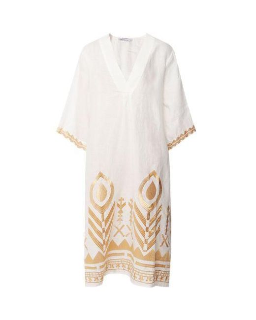Greek Archaic Kori White Linen Feather Embroidered Midi Dress
