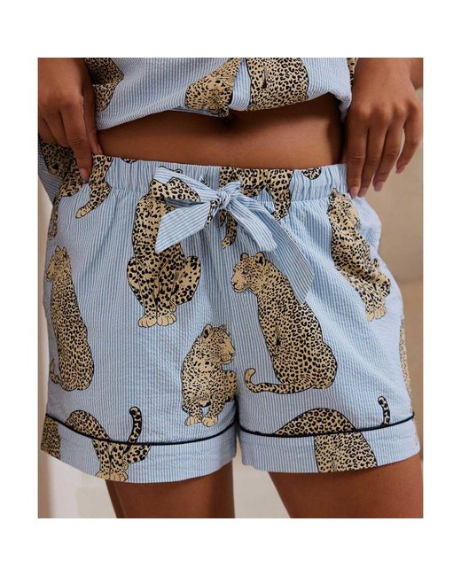 Chelsea Peers Blue Seersucker Leopard Stripe Pyjama Set