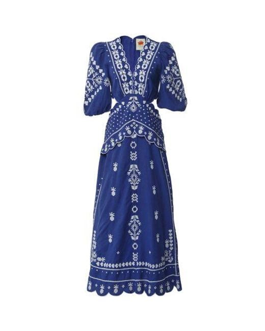 Farm Rio Blue Embroidered Cut-out Midi Dress