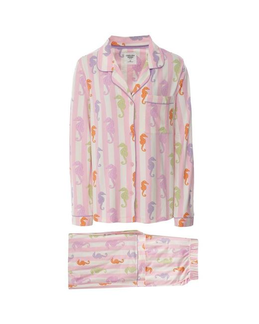 Chelsea Peers Pink Seahorse Stripe Print Long Pyjama Set