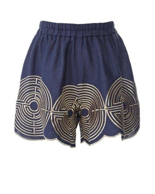 Greek Archaic Kori Blue Circle Linen Shorts