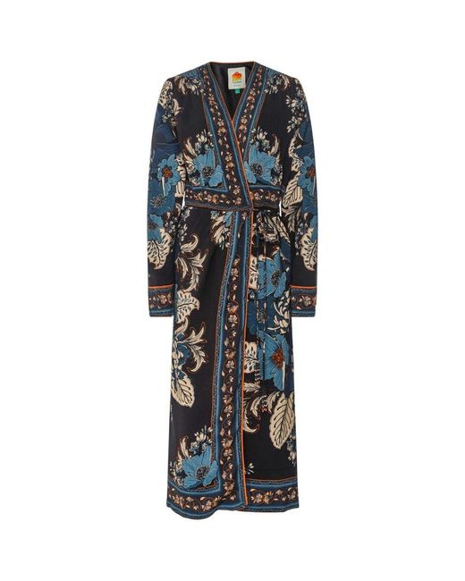 Farm Rio Blue Blossom Tapestry Midi Wrap Dress