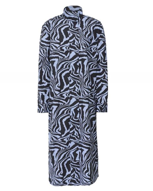 Ganni Blue Tiger-print High-neck Cotton Mini Dress
