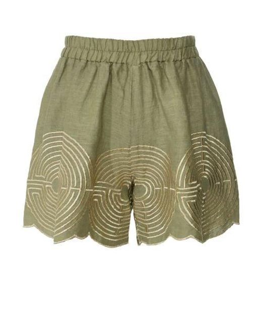 Greek Archaic Kori Green Circle Linen Shorts