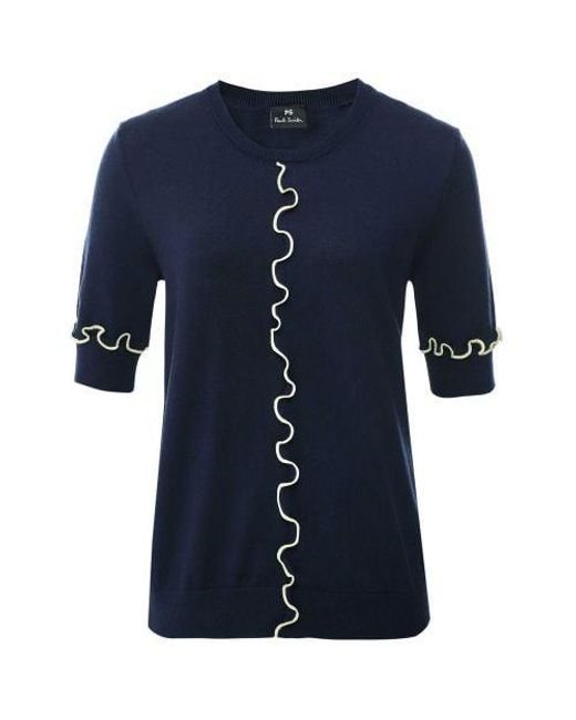 Paul Smith Blue Cotton Knitted Frill Top