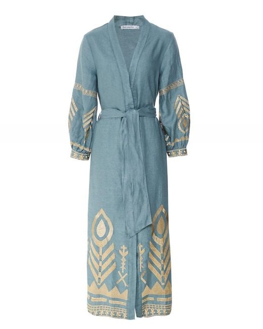 Greek Archaic Kori Blue Feather Linen Midi Dress