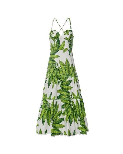 Farm Rio Green Off-white Palm Fan Midi Dress