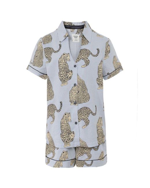Chelsea Peers Blue Seersucker Leopard Stripe Pyjama Set