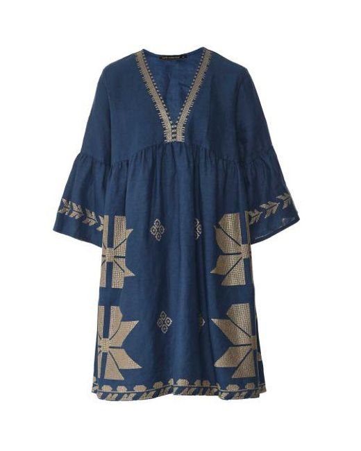 Greek Archaic Kori Blue V-neck Embroidered Tunic
