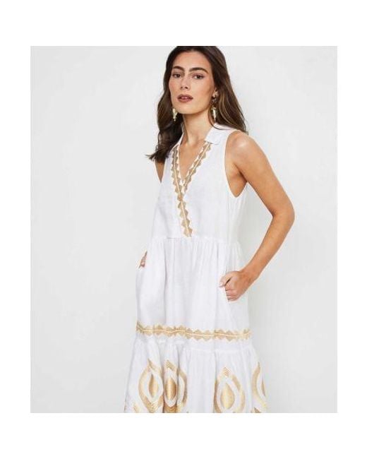 Greek Archaic Kori White Feather Sleeveless Midi Dress