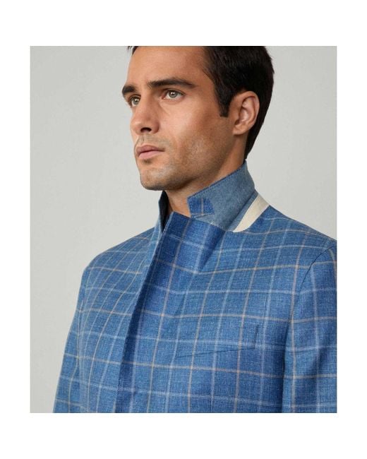 Hackett Blue Wool Silk Linen Tattersall Blazer for men