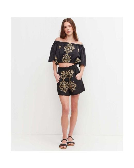 Greek Archaic Kori Black Linen Embroidered Lefkada Shorts
