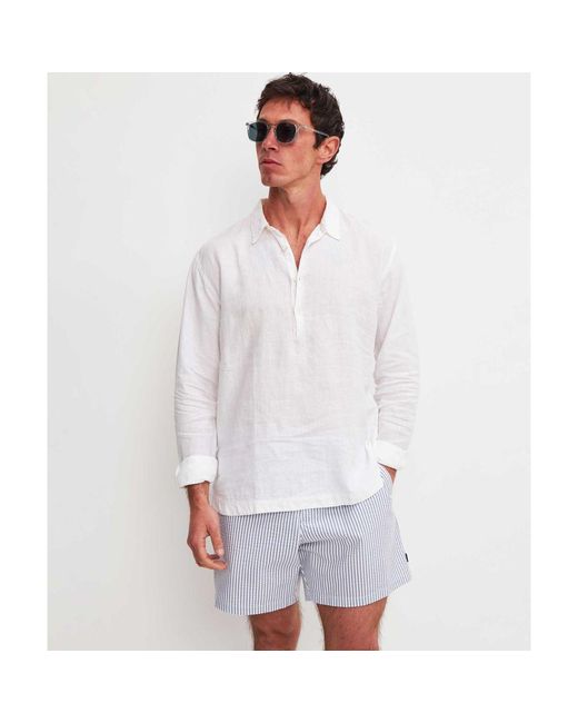 Burrows and Hare White Linen Pop Over Shirt for men