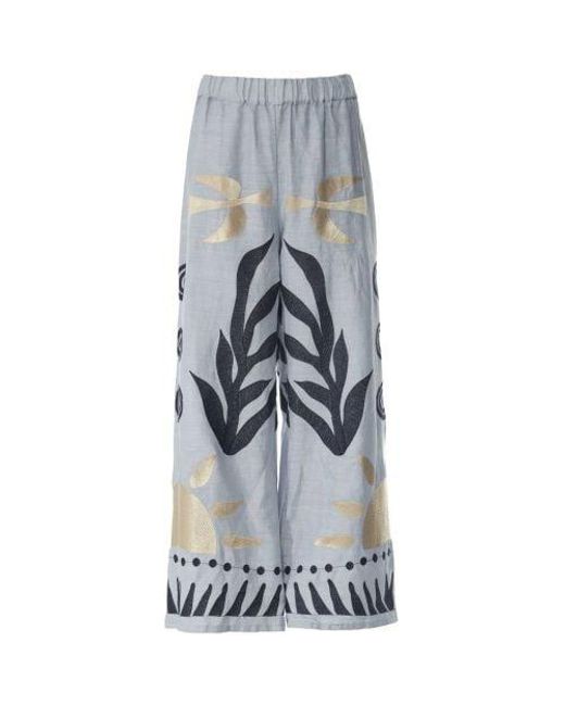 Greek Archaic Kori Gray Embroidered Linen Trousers