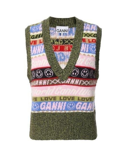 Ganni Graphic V-neck Knitted Vest in Green | Lyst