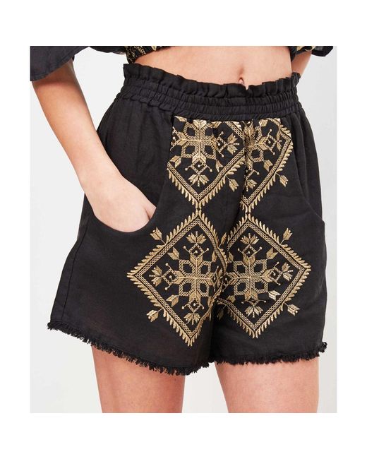 Greek Archaic Kori Black Linen Embroidered Lefkada Shorts