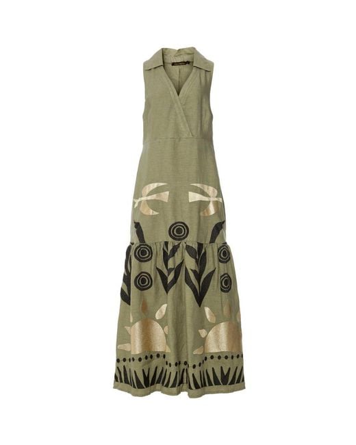 Greek Archaic Kori Green Embroidered Collared Dress