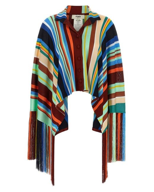 Fendi Blue Striped Poncho With Fringes