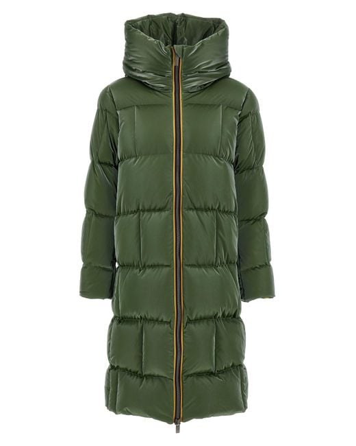 K-Way Green Long Down Jacket 'orlin Heavy Brick-like Quilted'