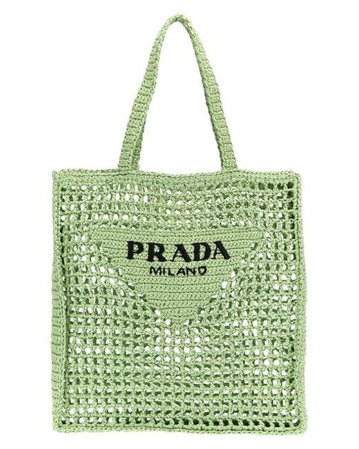 Prada Green Logo Woven Fabric Shopping Bag