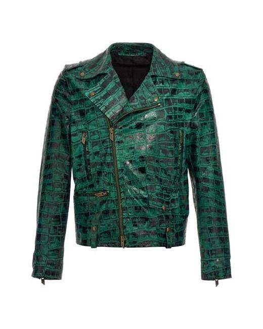Salvatore Santoro Green Croc Print Leather Jacket for men