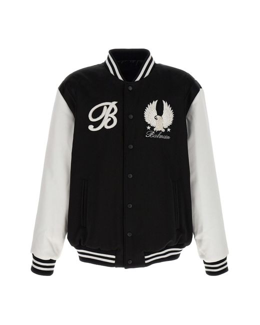 Balmain Black embroidered Badges Satined Varsity Bomber Jacket for men