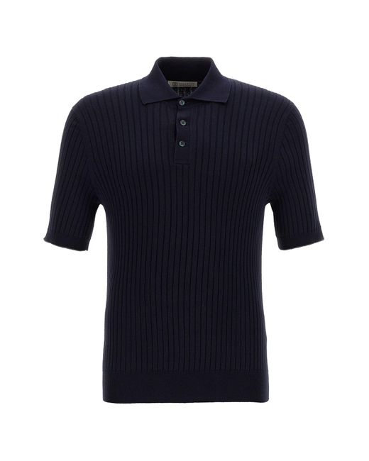 Brunello Cucinelli Blue Ribbed Polo Shirt for men