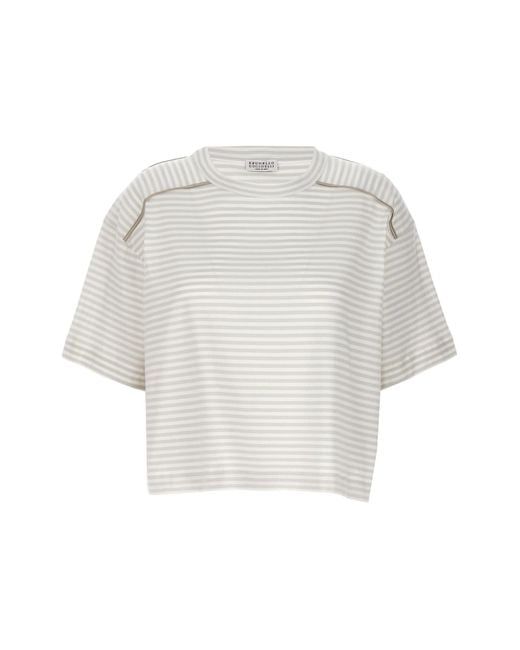Brunello Cucinelli White Gestreiftes T-Shirt