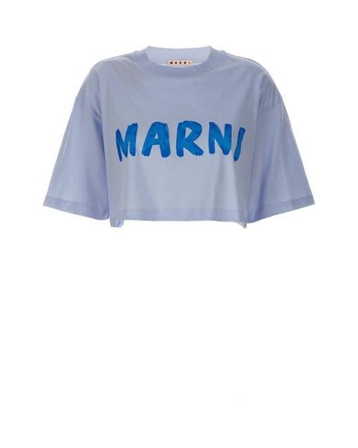 T-shirt cropped stampa logo di Marni in Blue