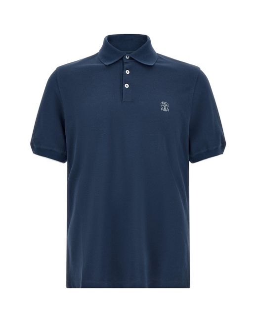 Brunello Cucinelli Blue Logo Piqué Polo Shirt for men