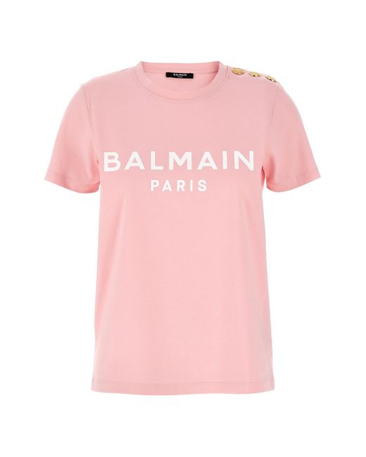 Balmain Pink T-Shirt Mit Goldenfarbenen Knöpfen
