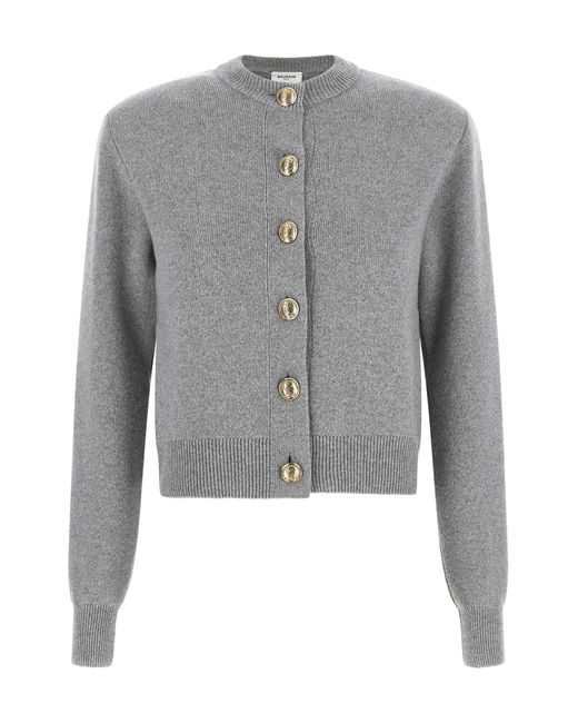 Balmain Gray Sculpture Button Crew Neck Cardigan