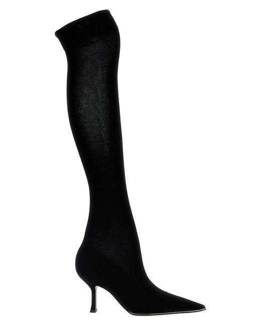 Rene Caovilla Black High-Leg Knitted Boots With Rhinestone Detailing