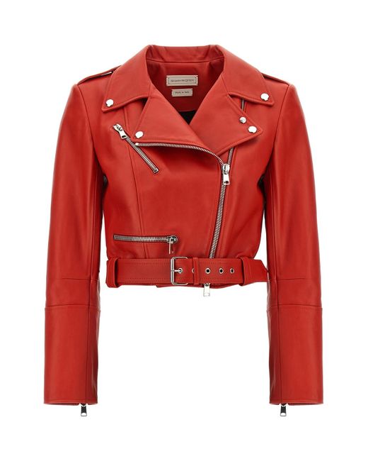 Alexander McQueen Red Cropped Biker Jacket