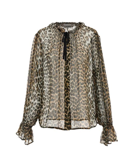 Ganni Multicolor 'leopard Print Chiffon Tie String' Shirt