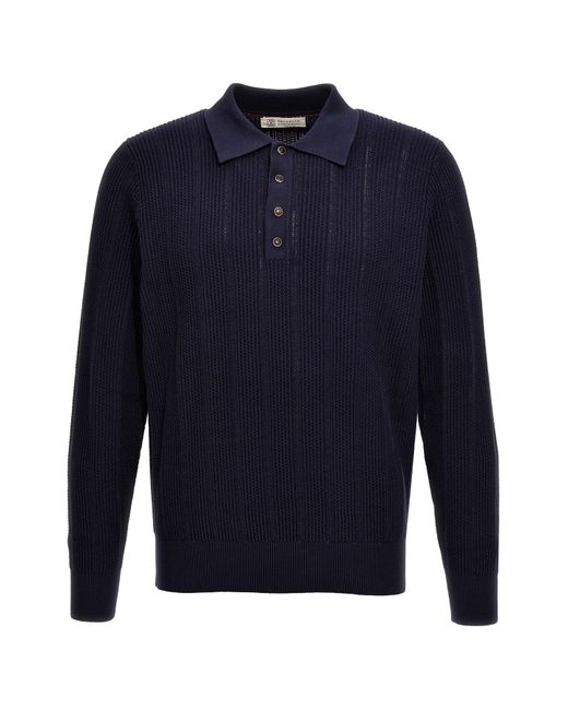 Brunello Cucinelli Blue Knitted Polo Shirt for men