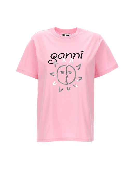 Ganni Pink Logo Print T-shirt