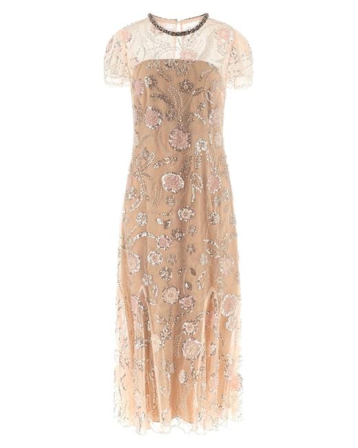 Self-Portrait Natural 'pink Flower Sequin Embellished Midi' Dress